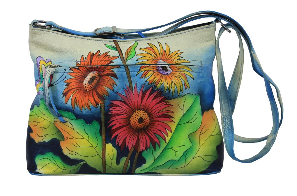 Colorful daisies leather hand painted handbag - Sylvias Designers Touch